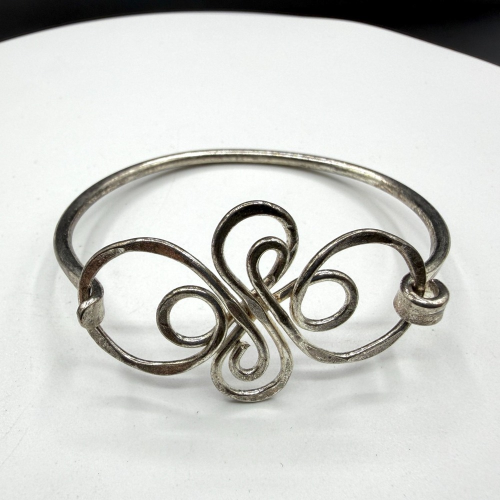Silver Tone Scrollwork Bangle Bracelet Ornate Wirework Swirl Boho Statement Gift